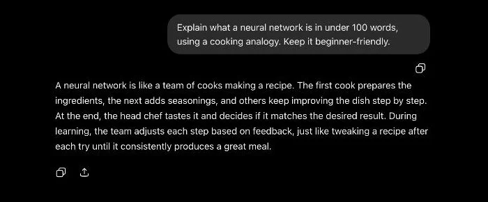 ChatGPT's response comparing a neural network to a team of cooks making a recipe, with a head chef tasting the result and the team adjusting from feedback