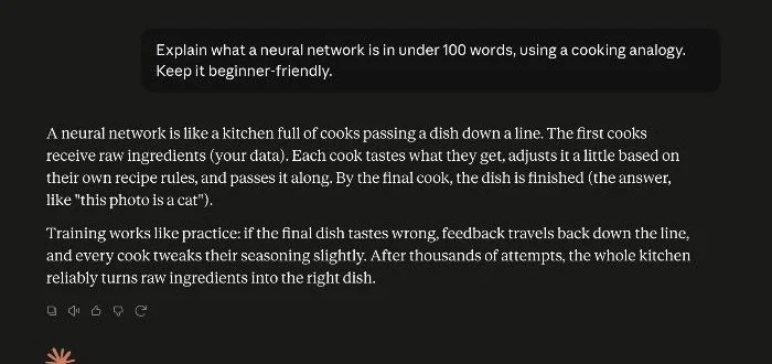 Claude's response describing a neural network as a kitchen full of cooks passing a dish down a line, with feedback traveling back to adjust each cook's seasoning