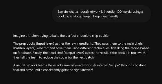 Gemini's response using a chocolate chip cookie bakery analogy that explicitly labels prep cooks as the input layer, chefs as hidden layers, and the head chef as the output layer